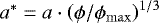 $a^*=a\cdot\left(\phi/\phi_\mathrm{max}\right)^{1/3}$