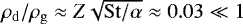 $\rho_\mathrm{d}/\rho_\mathrm{g}\approx Z\sqrt{\stokes/\alpha}\approx0.03\ll 1$