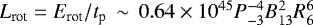$L_{\rm rot}=E_{\rm rot}/t_{\rm p}\,\sim\,0.64\times10^{45} P_{-3}^{-4}B_{13}^2R_{6}^6$~erg~s$^{-1}$
