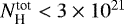 $N_{\textrm{H}}^{\textrm{tot}} <3\times10^{21}$