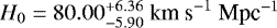 $H_0=80.00^{+6.36}_{-5.90}\ \text{km\ s}^{-1}\ \text{Mpc}^{-1}$