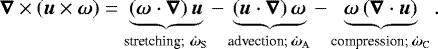 $\vec{\nabla} \times \left( \vec{u} \times \vec{\omega} \right)= \underbrace{\left(\vec{\omega} \cdot \vec{\nabla} \right)\vec{u}}_{{\text{stretching;}}\ \omS} - \underbrace{\left(\vec{u} \cdot \vec{\nabla} \right)\vec{\omega}}_{{\text{advection; }}\omA} - \underbrace{\vec{\omega} \left(\vec{\nabla} \cdot \vec{u} \right)}_{{\text{compression; }}\omC} .$