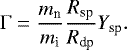 $ {{{{\UpGamma}}}}=\frac{m_{\textrm{n}}}{m_{\textrm{i}}}\frac{R_{\textrm{sp}}}{R_{\textrm{dp}}}Y_{\textrm{sp}}. $