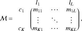 $ \mathcal{M} = \begin{blockarray}{cccc} &l_1 & & l_L \\ \begin{block}{c(ccc)} c_1&m_{11}&\cdots&m_{1L}\\ & \vdots&\ddots&\vdots\\ c_K&m_{K1}&\cdots&m_{KL}\\ \end{block} \end{blockarray} \vspace{-0.6cm} ,$