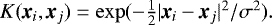 $K(\textit{\textbf{x}}_i, \textit{\textbf{x}}_j) = \exp(- \frac{1}{2} | \textit{\textbf{x}}_i - \textit{\textbf{x}}_j |^2 / \sigma^2).$