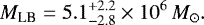 \begin{equation*}M_{\textrm{LB}} = 5.1^{&#x002B;2.2}_{-2.8} \times 10^{6}\,{M_{\odot}}. \end{equation*}