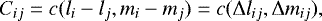 $C_{ij} = c(l_i-l_j,m_i-m_j) = c({\rm{\Delta}} l_{ij},{\rm{\Delta}} m_{ij}), $