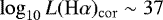 $\log_{10}L({\ensuremath {\mathrm{H}\alpha}})_{\mathrm{cor}}\sim37$