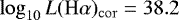 $\log_{10}L({\ensuremath {\mathrm{H}\alpha}})_{\mathrm{cor}}=38.2$