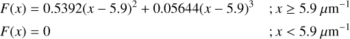 \begin{align*} F(x) & = 0.5392 (x - 5.9)^2+ 0.05644 (x - 5.9)^3&; x \ge 5.9~\mu\rm{m}^{-1}\\ F(x) & = 0 &; x < 5.9~\mu\rm{m}^{-1} \end{align*}