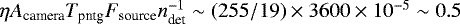 $\eta A_{\textrm{camera}} T_{\textrm{pntg}} F_{\textrm{source}} n_{\textrm{det}}^{-1} \sim (255/19) \times 3600 \times 10^{-5} \sim 0.5$