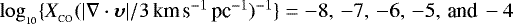 $\log_{_{10}}\{X_{_{\textrm{CO}}}(|{\nabla\cdot \boldsymbol{\upsilon}}|/3\,\textrm{km}\,\textrm{s}^{-1}\,\textrm{pc}^{-1})^{-1}\}=-8,\, -7,\, -6,\, -5,\,\textrm{and}\,-4$