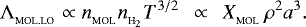 \begin{align}{{\UpLambda}}_{_{\textrm{MOL.LO}}}&\propto& n_{_{\textrm{MOL}}}n_{_{{\textrm{H}_2}}}T^{3/2}\;\,\propto\;\,X_{_{\textrm{MOL}}}\,\rho^2a^3. \end{align}