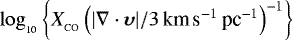 $\,\log_{_{10}}\left\{X_{_{\textrm{CO}}}\left(|\nabla\cdot{\boldsymbol\upsilon}|/3\,\textrm{km}\,\textrm{s}^{-1}\,\textrm{pc}^{-1}\right)^{-1}\right\}$
