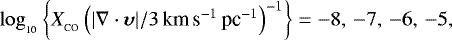 $\log_{_{10}}\left\{X_{_{\textrm{CO}}}\left(|\nabla\cdot{\boldsymbol\upsilon}|/3\,\textrm{km}\,\textrm{s}^{-1}\,\textrm{pc}^{-1}\right)^{-1}\right\} =-8,\, -7,\, -6,\, -5,$