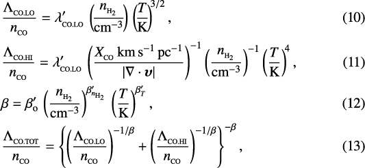 \begin{align&#x002A;} &\frac{{{\UpLambda}}_{_{\textrm{CO.LO}}}}{n_{_{\textrm{CO}}}}={{\lambda}}&#x0027;_{_{\textrm{CO.LO}}}\,\left(\!\frac{n_{_{{\textrm{H}_2}}}}{{\textrm{cm}}^{-3}}\!\right)\,\left(\!\frac{T}{\textrm{K}}\!\right)^{\!3/2},\\ &\frac{{{\UpLambda}}_{_{\textrm{CO.HI}}}}{n_{_{\textrm{CO}}}}={{\lambda}}&#x0027;_{_{\textrm{CO.LO}}}\,\left(\frac{X_{_{\textrm{CO}}}\,\textrm{km}\,\textrm{s}^{-1}\,\textrm{pc}^{-1}}{|\nabla\cdot{\boldsymbol\upsilon}|}\right)^{-1}\left(\frac{n_{_{{\textrm{H}_2}}}}{{\textrm{cm}}^{-3}}\right)^{-1}\left(\frac{T}{\textrm{K}}\right)^{\!4},\\ &\beta=\beta&#x0027;\subO\,\left(\frac{n_{_{{\textrm{H}_2}}}}{{\textrm{cm}}^{-3}}\right)^{\beta&#x0027;_{n_{\textrm{H}_2}}}\,\left(\frac{T}{\textrm{K}}\right)^{\beta&#x0027;_T},\\&\frac{{{\UpLambda}}_{_{\textrm{CO.TOT}}}}{n_{_{\textrm{CO}}}}=\left\{\left(\frac{{{\UpLambda}}_{_{\textrm{CO.LO}}}}{n_{_{\textrm{CO}}}}\right)^{-1/\beta}&#x002B;\left(\frac{{{\UpLambda}}_{_{\textrm{CO.HI}}}}{n_{_{\textrm{CO}}}}\right)^{-1/\beta}\right\}^{-\beta}, \end{align&#x002A;}