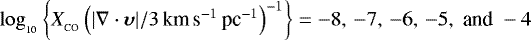 $\log_{_{10}}\left\{X_{_{\textrm{CO}}}\left(|\nabla\cdot{\boldsymbol\upsilon}|/3\,\textrm{km}\,\textrm{s}^{-1}\,\textrm{pc}^{-1}\right)^{-1}\right\}=-8,\,-7,\,-6,\,-5,\;\textrm{and}\;-4$