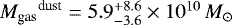 ${M_{\textrm{gas}}}^{\textrm{dust}} = 5.9^{&#x002B;8.6}_{-3.6}\times10^{10}\,{{M}_{\odot}}$