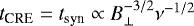 $t_{\textrm{CRE}} = t_{\textrm{syn}} \propto B_{\bot}^{-3/2} \nu^{-1/2}$