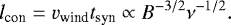 $l_{\textrm{con}} = v_{\textrm{wind}} t_{\textrm{syn}} \propto B^{-3/2} \nu^{-1/2}. $
