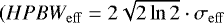 $(HPBW_{\mathrm{eff}} = 2\sqrt{2\ln{2}}\cdot\sigma_{\mathrm{eff}}$