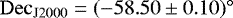 $\mathrm{Dec}_{\textrm{J}2000}=(-58.50\pm 0.10)^{\circ}$