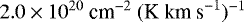 $2.0\times10^{20} ~\textrm{cm}^{-2}\ (\textrm{K~km~s}^{-1})^{-1}$