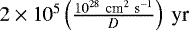 $2\times 10^5 \left(\frac{10^{28}~\textrm{cm}^2\ \textrm{s}^{-1}}{D}\right)~\textrm{yr}$