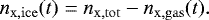 $ n_{\mathrm{x,ice}}(t) = n_{\mathrm{x,tot}} - n_{\mathrm{x,gas}}(t). $