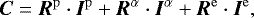 $\vec{C} = \vec{R}^{\mathrm{p}} \cdot \vec{I}^{\mathrm{p}} &#x002B; \vec{R}^{\alpha} \cdot \vec{I}^{\alpha} &#x002B; \vec{R}^{\mathrm{e}} \cdot \vec{I}^{\mathrm{e}}, $
