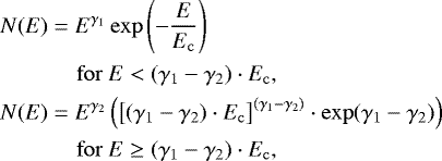 $\begin{aligned} N(E) &= E^{\gamma_1} \exp\left(-\frac{E}{E_{\mathrm{c}}}\right)\\ &\quad\ \mathrm{for} \ E < (\gamma_1 -\gamma_2)\cdot E_{\mathrm{c}}, \\ N(E) &= E^{\gamma_2} \left(\left[(\gamma_1-\gamma_2)\cdot E_{\mathrm{c}}\right]^{\left(\gamma_1-\gamma_2\right)}\cdot \exp(\gamma_1-\gamma_2)\right)\\ &\quad\ \mathrm{for} \ E \geq \left(\gamma_1-\gamma_2\right)\cdot E_{\mathrm{c}}, \end{aligned} $
