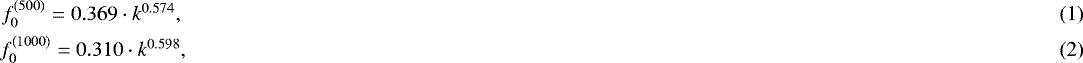 \begin{eqnarray} &f_0^{(500)} = 0.369 \cdot k^{0.574},\\ &f_0^{(1000)} = 0.310 \cdot k^{0.598},\end{eqnarray}