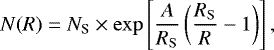 \begin{equation*} N(R)=N_{\textrm{S}}\times \mathrm{exp}\left[\frac{A}{{R_{\mathrm{S}}}} \left(\frac{{R_{\mathrm{S}}}}{R}-1 \right) \right],\end{equation*}