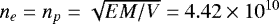 $n_e = n_p= \sqrt{EM/V}= 4.42 \times 10^{10}$