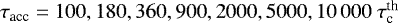 $\tau_{\textrm{acc}} = 100, 180, 360, 900, 2000, 5000, 10~000~ \tau^{\textrm{th}}_{\textrm{c}} $