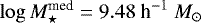 $\log M_{\star}^{\textrm{med}} = 9.48\ \textrm{h}^{-1}\ M_{\odot}$