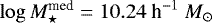$\log M_{\star}^{\textrm{med}} = 10.24\ \textrm{h}^{-1}\ M_{\odot}$