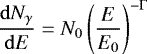 \begin{equation*} \frac{\mathrm{d}N_{\gamma}}{\mathrm{d}E} = N_{0}\left(\frac{E}{E_0}\right)^{-{\UpGamma}} \end{equation*}
