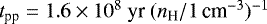 $t_{\textrm{pp}}=1.6 \times 10^8\ \textrm{yr}\ (n_{\textrm{H}}/1 \, \textrm{cm}^{-3})^{-1}$