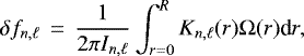 \begin{equation*}\delta f_{n,\ell}\,=\,\frac{1}{2\pi I_{n,\ell}} \int_{r=0}^{R} K_{n,\ell}(r) {\mathrm \Omega} (r) \textrm{d}r, \end{equation*}