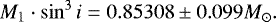 \begin{equation*} M_1\cdot \sin^3 i = 0.85308 \pm 0.099 M_{\odot}. \end{equation*}