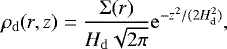 \begin{equation*} \rho_{\mathrm{d}}(r, z) = \frac{{\mathrm{\Sigma}}(r)}{H_{\mathrm{d}}\sqrt{2\pi}}{\mathrm{e}}^{-z^2/(2 H_{\mathrm{d}}^2)},\end{equation*}