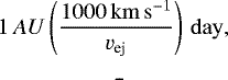 \begin{equation*} t_{\textrm{w}}=\frac{r_{\textrm{ej}}}{v_{\textrm{ej}}}\approx 1.7\,\left(\frac{r_{\textrm{ej}}}\textrm{1\,AU}\right)\left(\frac{1000\rm\,km\,s^{-1}}{v_{\textrm{ej}}}\right)\rm\, day , \end{equation*}