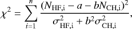 \begin{equation*} \chi^2 = \sum_{i=1}^{n} \frac{(N_{\mathrm{HF,i}}-a-bN_{\mathrm{CH,i}})^2}{\sigma_{\mathrm{HF,i}}^2&#x002B;b^2\sigma_{\mathrm{CH,i}}^2},\end{equation*}