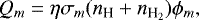 \begin{equation*} Q_{m} = \eta\sigma_{m}({n_{\textrm{H}}}+{n_{\textrm{H_2}}})\phi_{m}, \end{equation*}