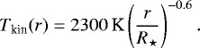 \begin{equation*} T_{\text{kin}}(r) = 2300\,\text{K} \left(\frac{r}{\rstar}\right)^{-0.6}. \end{equation*}