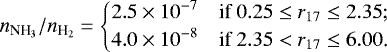 \begin{equation*} {\ammabun} = \begin{cases} \displaystyle 2.5 \times 10^{-7} & \text{if \begin{inlinestripns}{si885}$0.25 \le r_{17} \le 2.35$