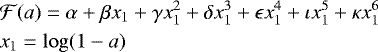 \begin{eqnarray*}&&\mathcal{F}(a) = \alpha &#x002B; \beta x_1 &#x002B; \gamma x_1^2 &#x002B; \delta x_1^3 &#x002B; \epsilon x_1^4 &#x002B; \iota x_1^5 &#x002B; \kappa x_1^6 \nonumber \\ &&x_1 = \log(1-a) \end{eqnarray*}