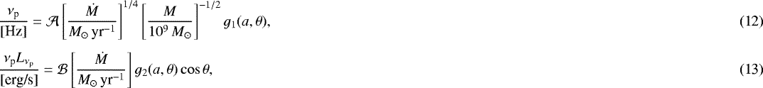 \begin{eqnarray} &&\frac{\nu_{\textrm{p}}}{\text{[Hz]}}=\mathcal{A} \left[ \frac{\dot{M}}{M_{\odot}\, \text{yr}^{-1}} \right]^{1/4} \left[\frac{M}{10^9\, M_{\odot}} \right]^{-1/2} g_1(a, \theta),\\[4pt] &&\frac{\nu_{\textrm{p}} L_{\nu_{\textrm{p}}}}{\text{[erg/s]}}=\mathcal{B} \left[ \frac{\dot{M}}{M_{\odot}\, \text{yr}^{-1}} \right] g_2(a, \theta) \cos \theta,\end{eqnarray}