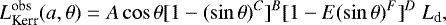 \begin{equation*}L^{\textrm{obs}}_{\textrm{Kerr}} (a, \theta) = A \cos \theta [1 - (\sin \theta)^C]^B [1 - E (\sin \theta)^F]^D \ L_{\textrm{d}}, \end{equation*}